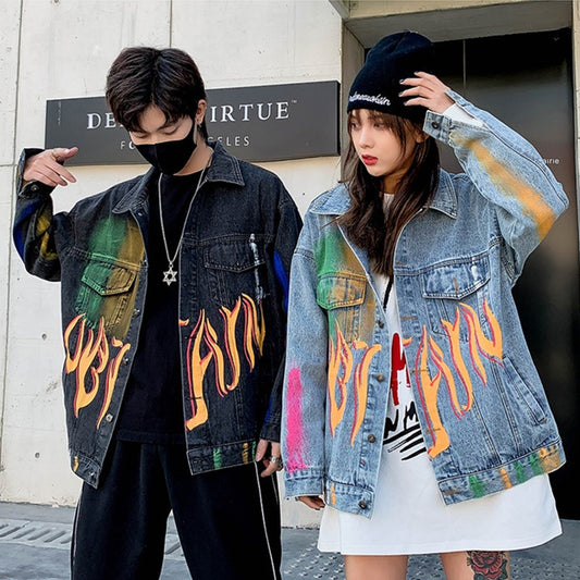Vintage Hand Painted Graffiti Print Denim Jacket