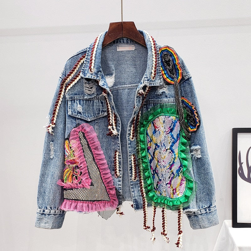 Harajuku Style Patch Denim Bomber Jacket for Women