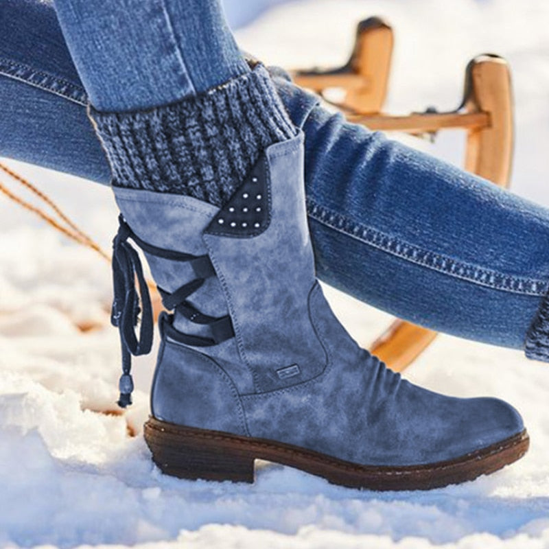 Women's Mid-Calf Boots - Flocked Snow Boots in Suede for Warm Comfort