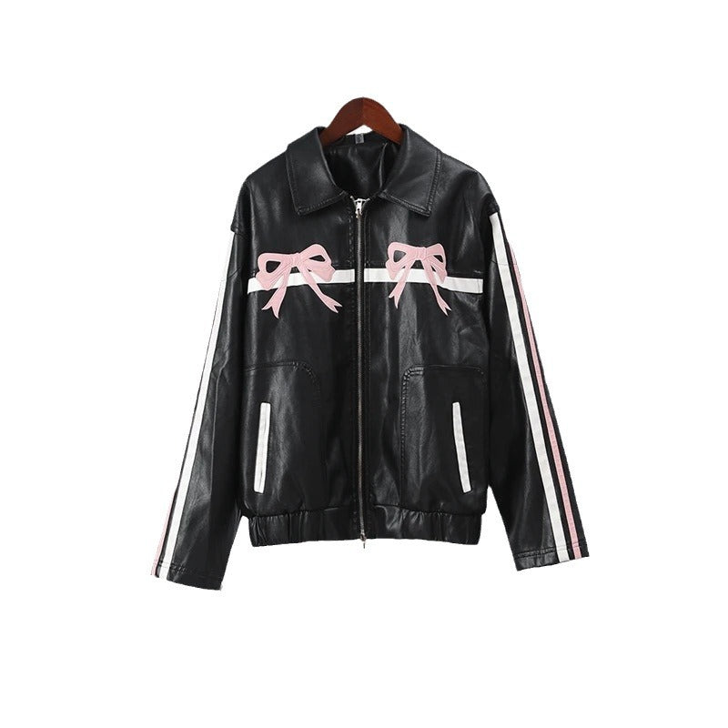 Harajuku Style Women's Bow PU Motorcycle Leather Jacket