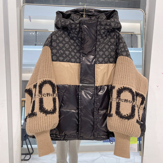 Denim Patchwork Hooded Down Jacket for Women with Knitted Sleeves and Floral Letters