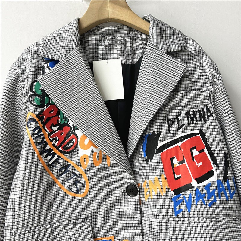Harajuku Plaid Graffiti Jacket - Loose Fit Women's Suit