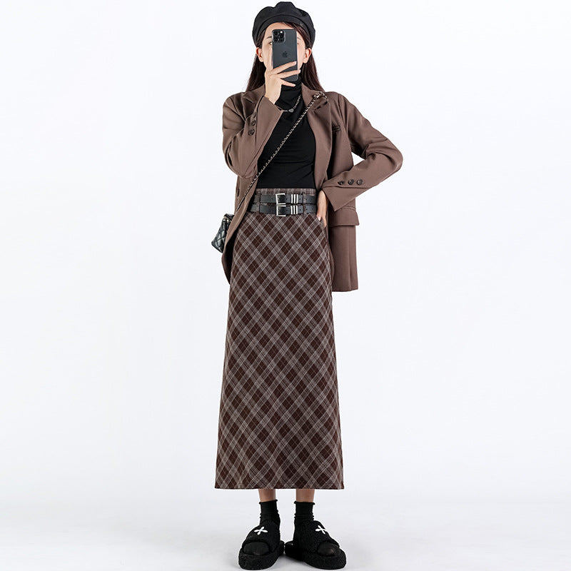 Women's College Style High Waist Plaid Slit A-Line Midi Skirt - Loose Elastic Slim Fit Pencil Skirt