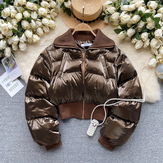 Playful Brown Winter Crop Coat for Women
