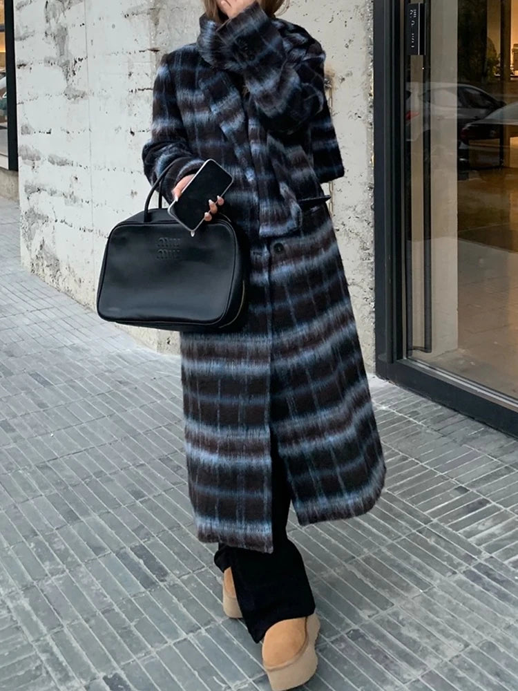 Harajuku Plaid Spliced Woolen Coat for Women