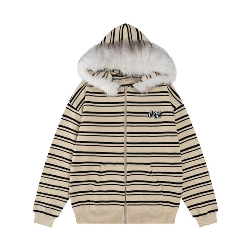 Fleece Striped Hooded Cardigan Coat