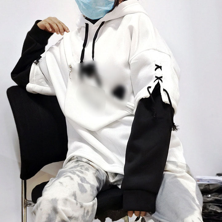 Cute Cartoon Hooded Sweatshirt for Couples with Patchwork Design