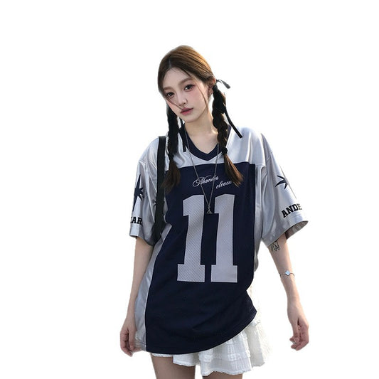 Harajuku Style Satin V-Neck Jersey T-Shirt for Women