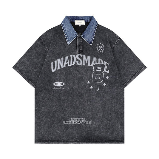 Harajuku Style Color Block Polo Shirt with Letter Print