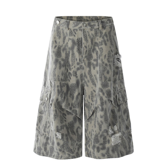 Leopard Print Distressed Cargo Shorts for Men