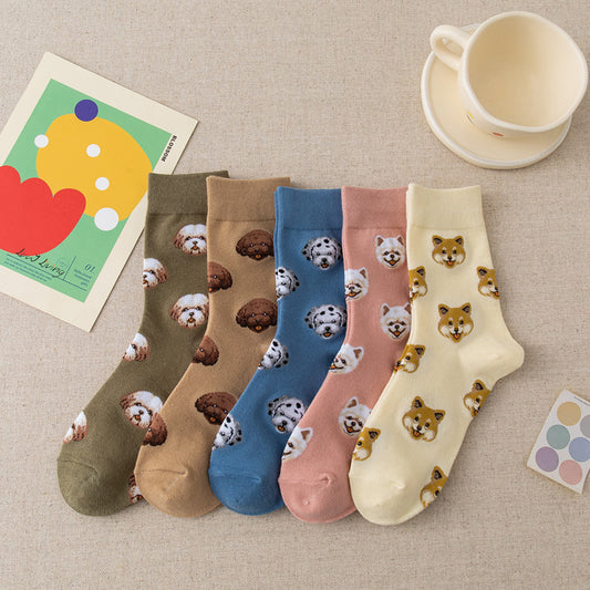 New Cute Cartoon Dog Mid-Calf Socks - Japanese Creative Design Featuring Shiba Inu, Dalmatian, Maltese, and Pomeranian