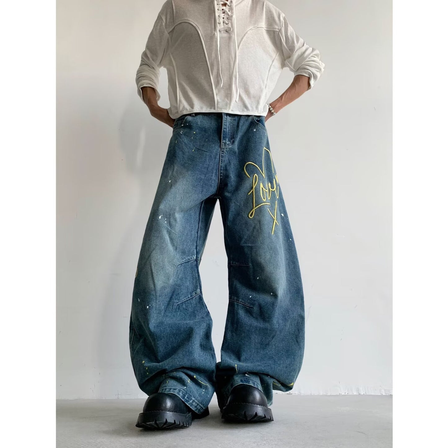 Playful Embroidered Ink Splash Wide Leg Pants