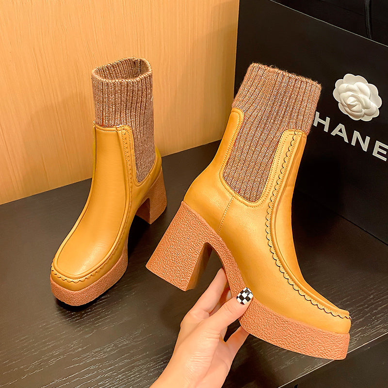 Brand Genuine Leather Women's Chunky High Heels Platform Ankle Boots in Black and Brown for Dress or Casual Events, Size US9