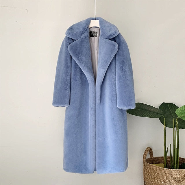 Mid-Length Mink Velvet Faux Fur Coat with Furry Collar