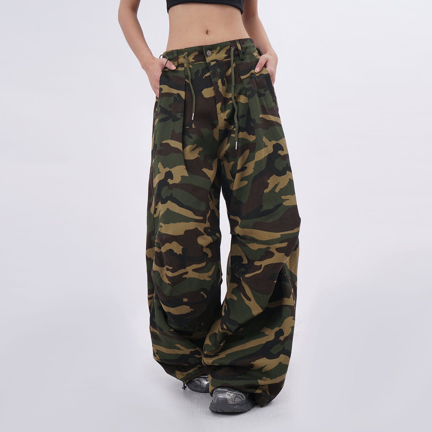 Harajuku Style Retro Camouflage Drawstring Paratrooper Pants for Women
