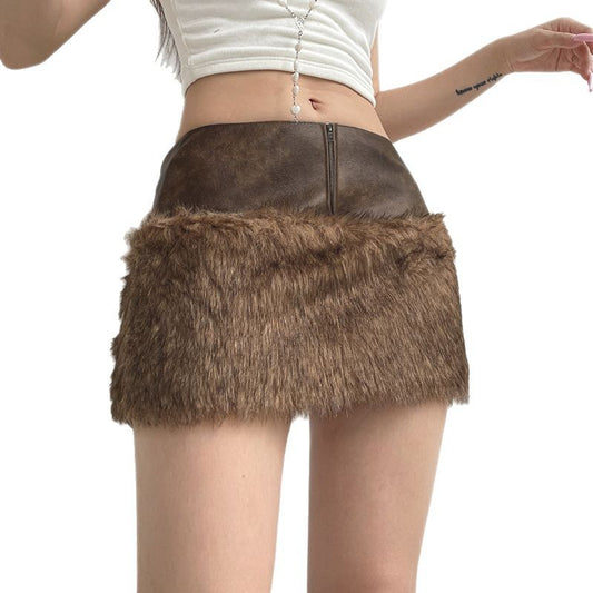 Vintage Brown Low-Waist Navel-Exposed Zipper Fuzzy Short Skirt with Leather Splicing Design Pencil Skirt