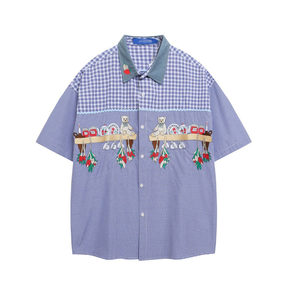 Playful Cartoon Bear Plaid Short-Sleeved Shirt for Men