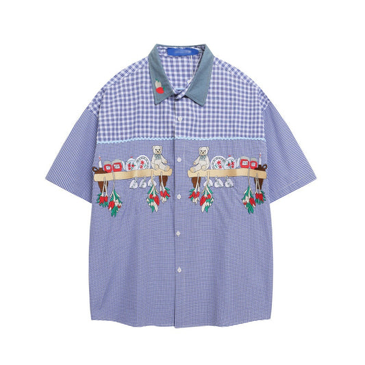 Playful Cartoon Bear Plaid Short-Sleeved Shirt for Men