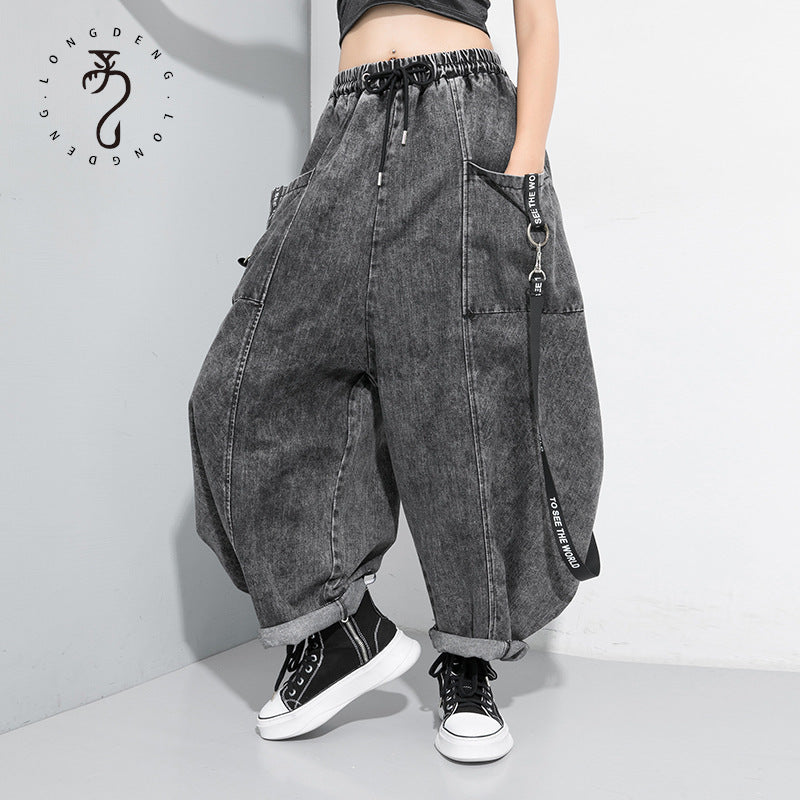 Harajuku Style Wide-Leg Tide Jeans with Webbing