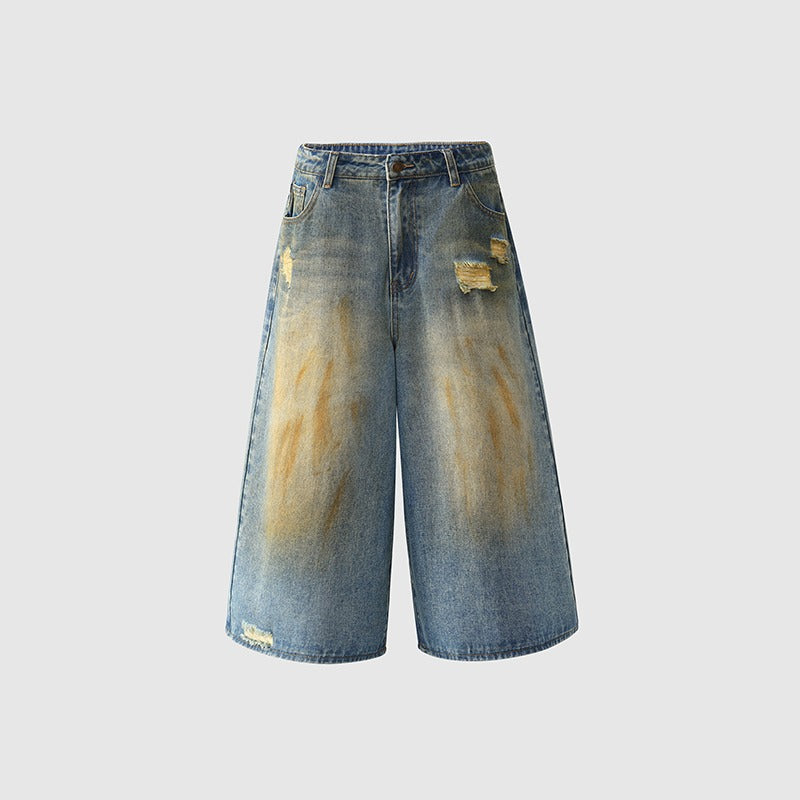 Playful Vintage Denim Shorts - Loose Wide Leg Pants