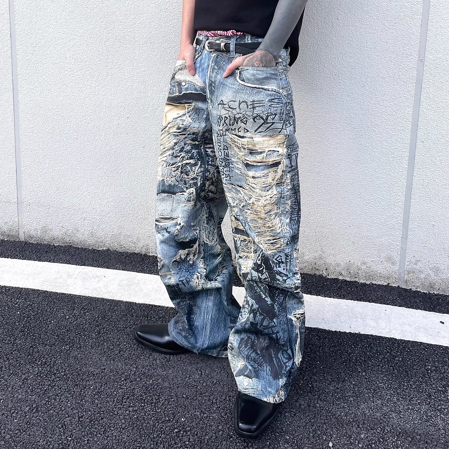 Playful Letter Flower Denim Jeans for Men