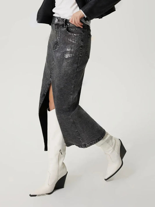 Retro Silver Polished Denim Skirt