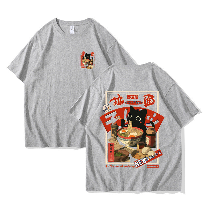 Harajuku Cat Cartoon Eating Noodles Graphic Unisex Casual Short Sleeve T-Shirt