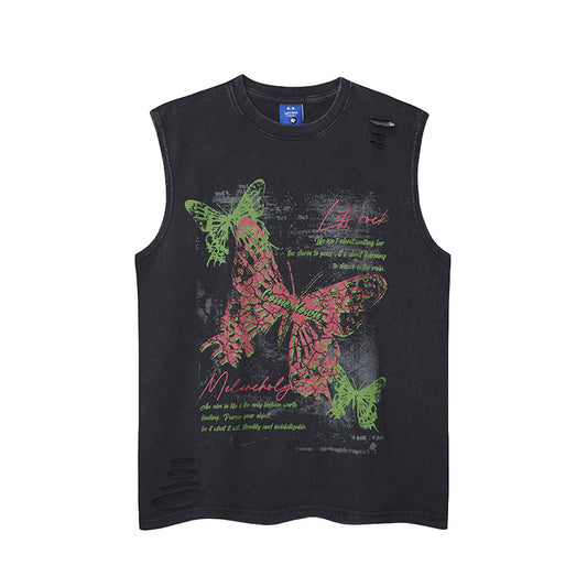 Streetwear Distressed Butterfly Print Tank Top