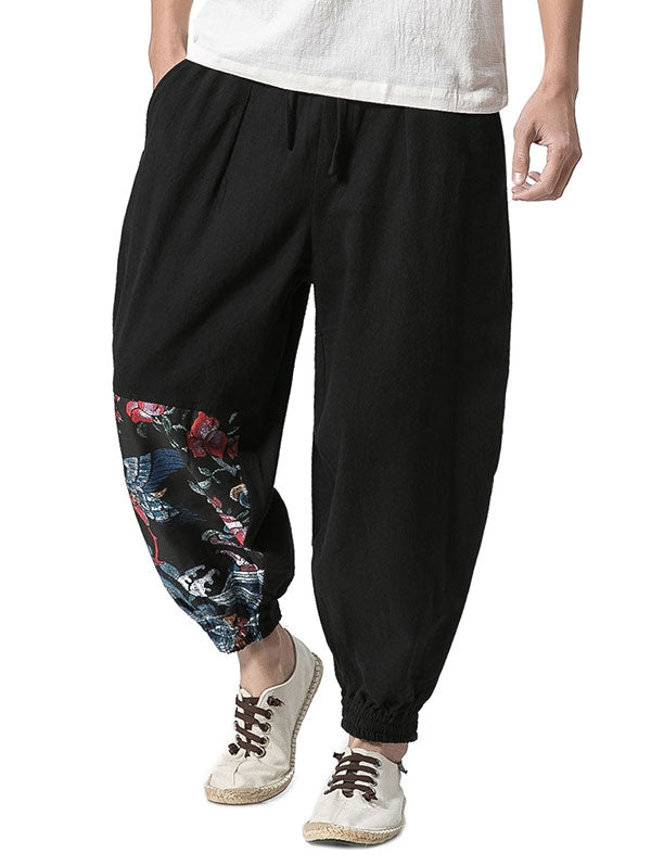 Chinoiserie Printed Cotton Linen Jogger Pants
