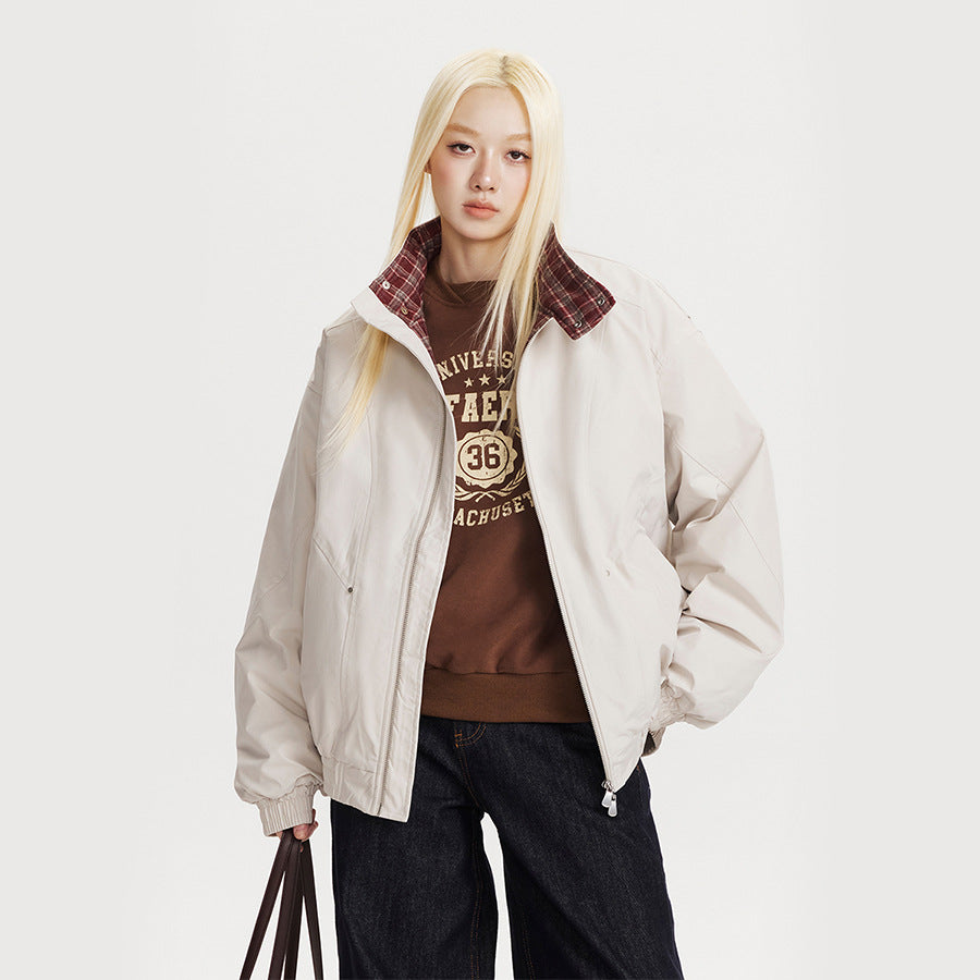 Splicing Plaid Stand-Up Collar Loose Jacket