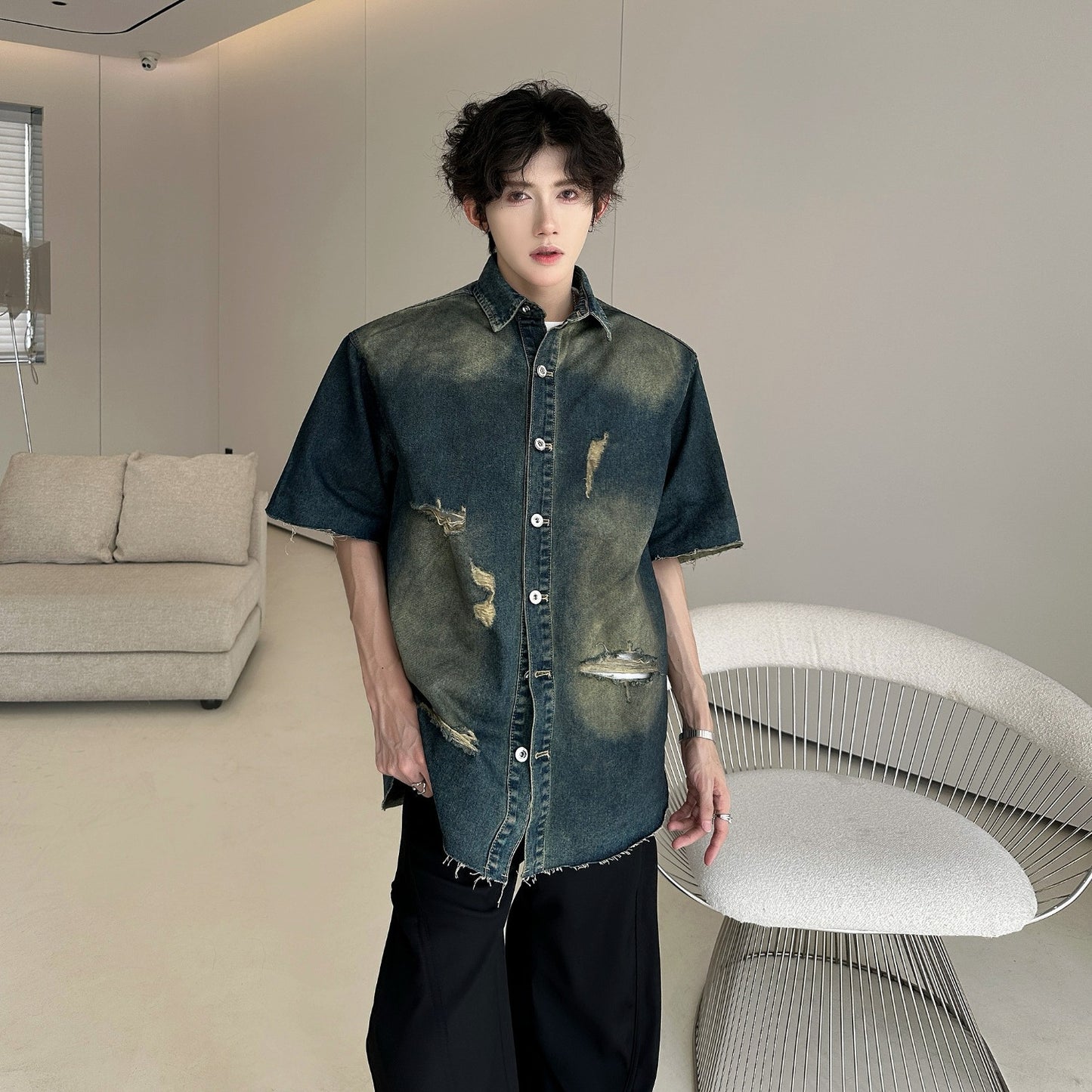 Ripped Denim Jacket - Short Sleeved with Shoulder Pads