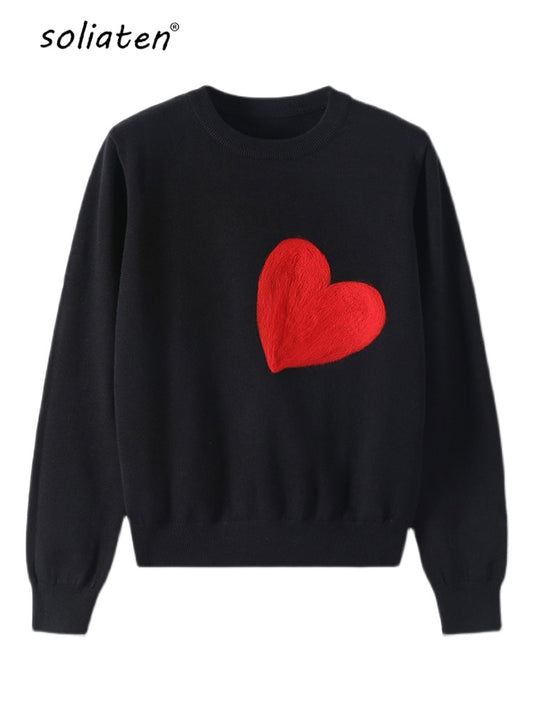 Harajuku Style Women’s Knit Sweater with Red Heart