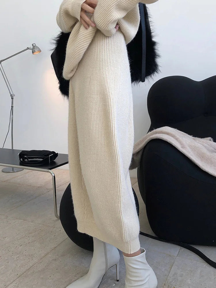 High Elastic Waist Apricot Irregular Knitting Skirt