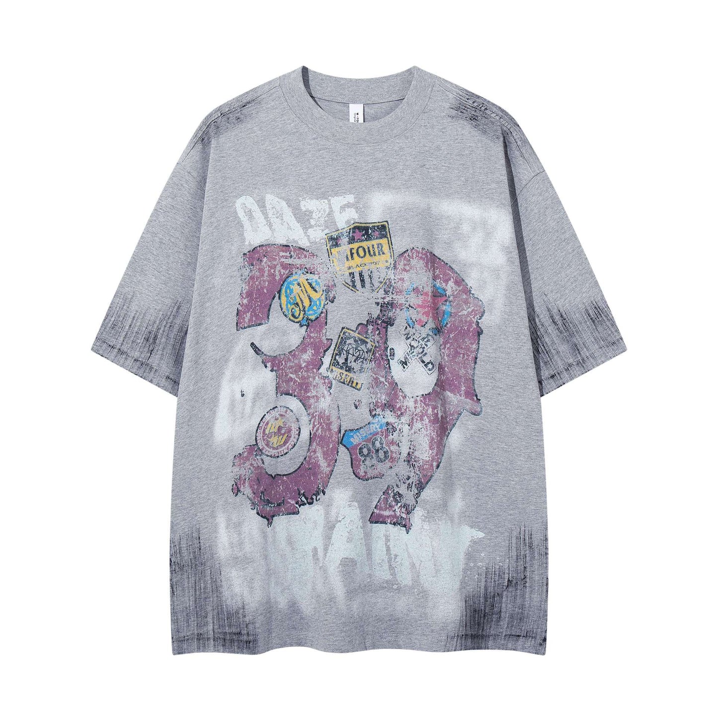 Harajuku Graffiti Badge Vintage Short Sleeve Tee — Fragmented Flowers Cotton Loose Fit