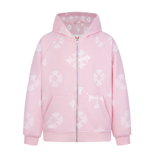 Cross Printed Pattern with Fleece Hooded Jacket