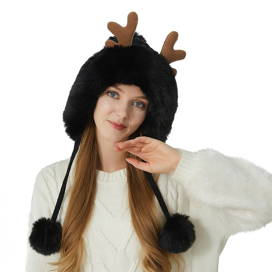 Playful Deer Horn Wool Ball Knitted Hat