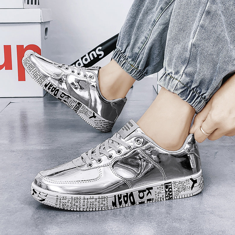 Men's Shiny Leather Panel Sneakers - Harajuku Style