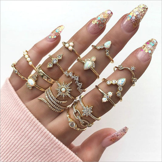 17-Piece Bohemian Style Ring Set with Diamond Accents