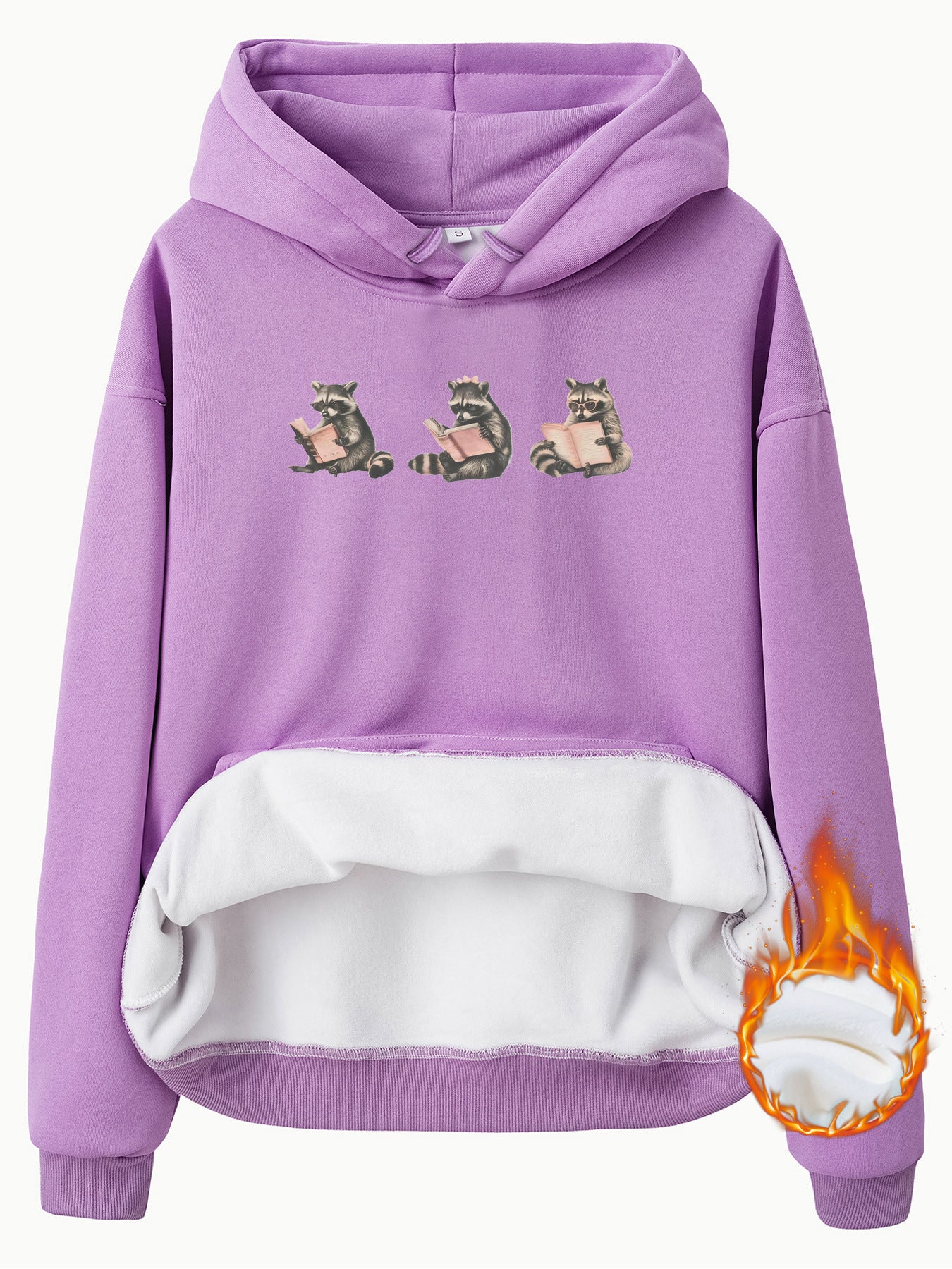 Hooded Long Sleeve Fleece Hoodie with Kangaroo Pocket and Raccoon Print