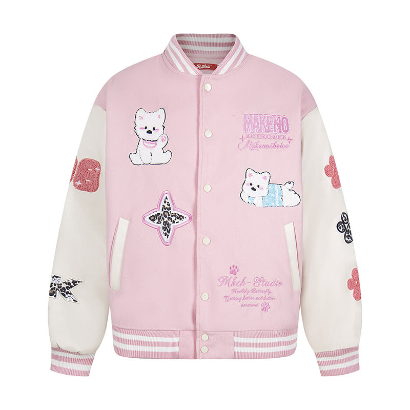 Patchwork Dog Cotton-Filled Baseball Jacket Loose Fit Unisex Outerwear