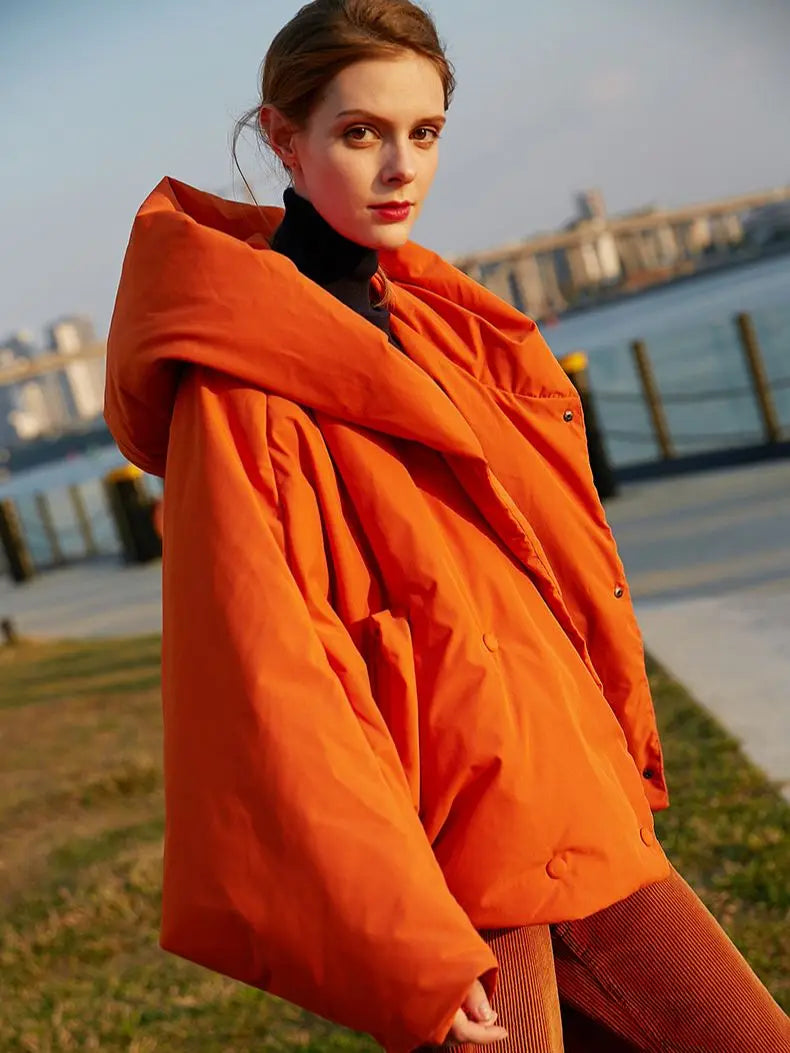 Harajuku Style Women's Oversized Down Parka - Fluffy Orange Red