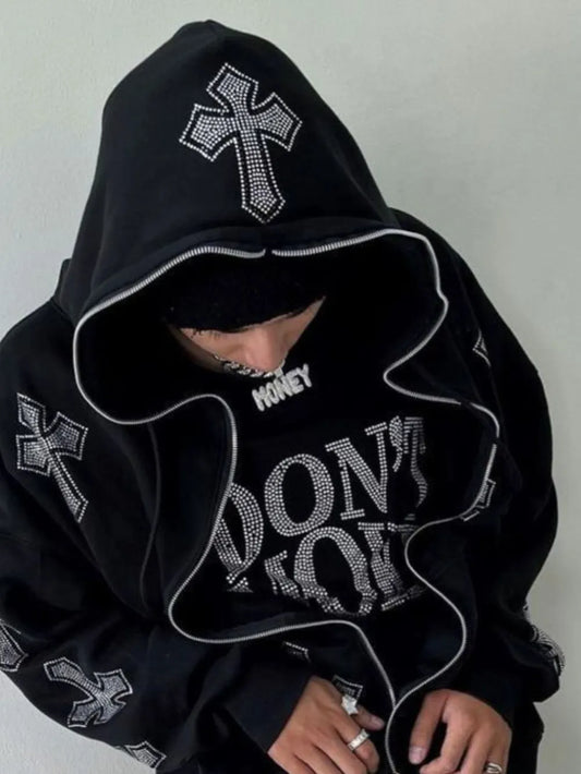 Men's Gothic Rhinestone Pocketed Hoodie
