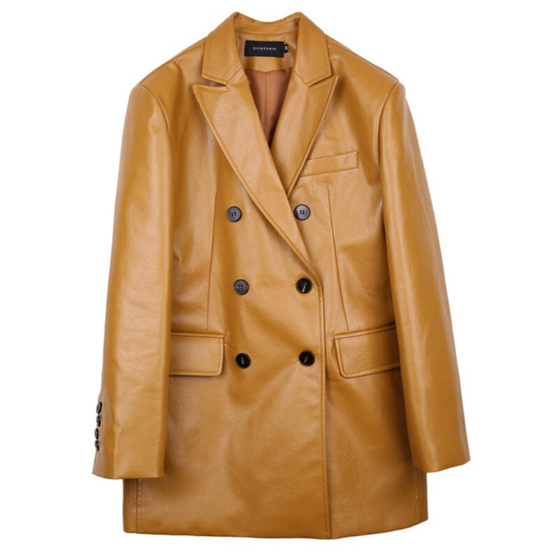 Playful Yellow PU Leather Oversized Blazer for Women