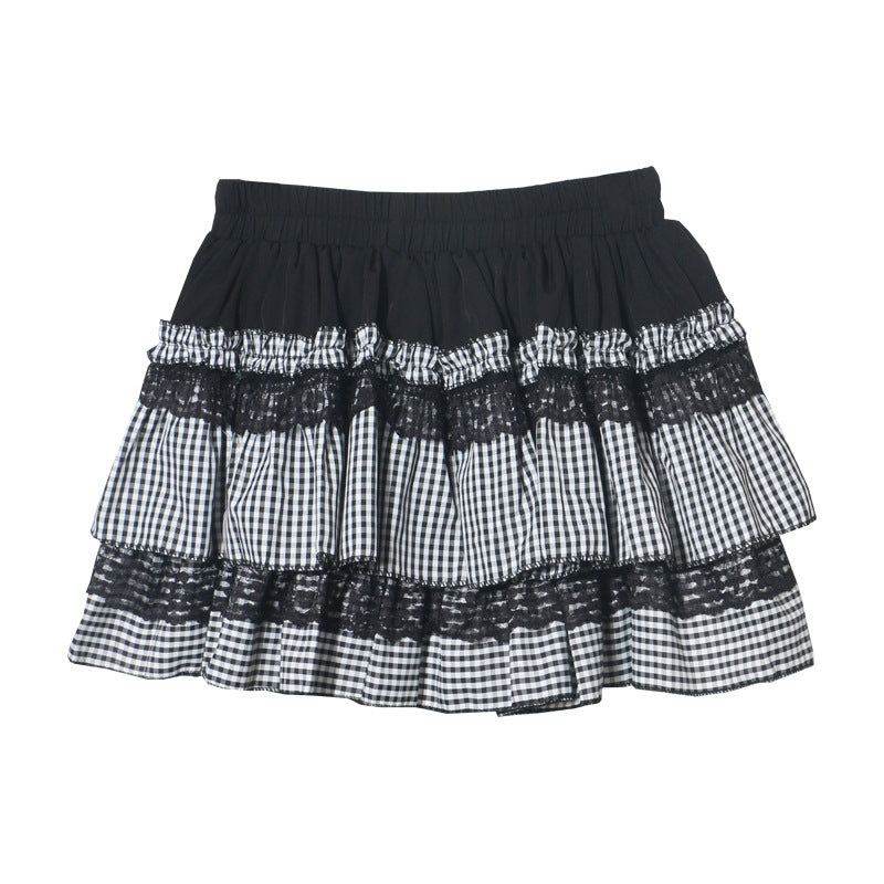 Lace Patchwork Plaid Skirt for Women