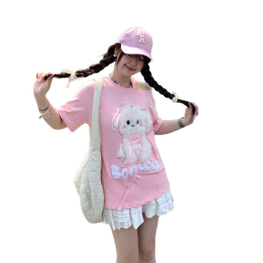 Playful Plush Dog Off-Shoulder Tee for Women