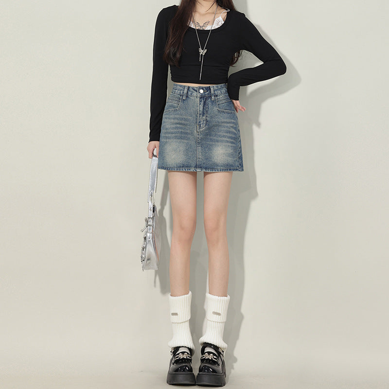 Unique Lazy Style Denim A-Line Skirt for Women, High Waist Slimming and Heightening Short Denim Skirt