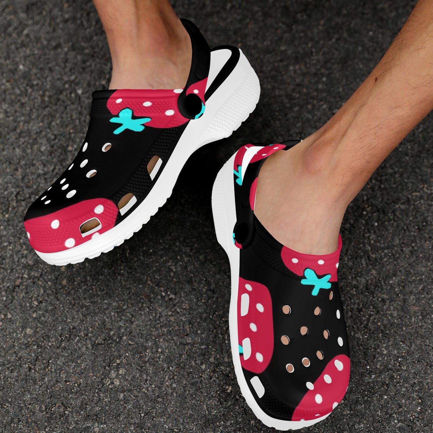 Red Strawberry Black Pattern Print Adults Clogs