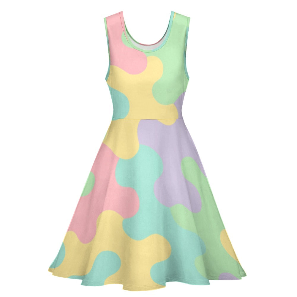 Pastel Rainbow Camo Harajuku Women's Round Neck Sleeveless Big Hem Dress