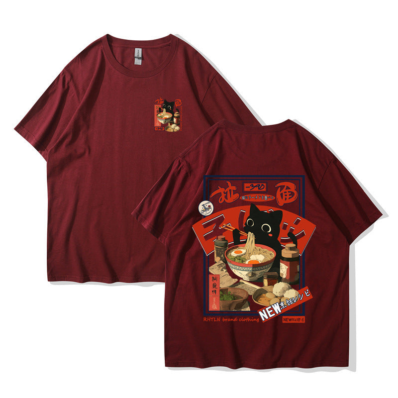 Harajuku Cat Cartoon Eating Noodles Graphic Unisex Casual Short Sleeve T-Shirt