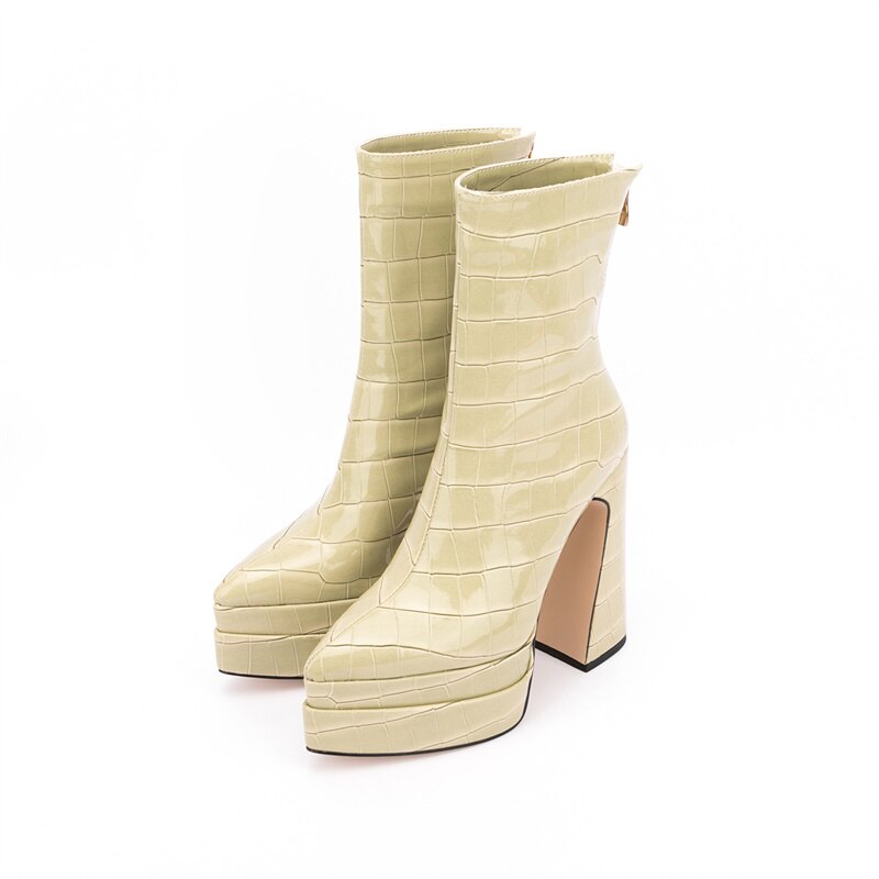 Women's Stone Pattern Thick High-Heeled Ankle Boots with Thick Soles